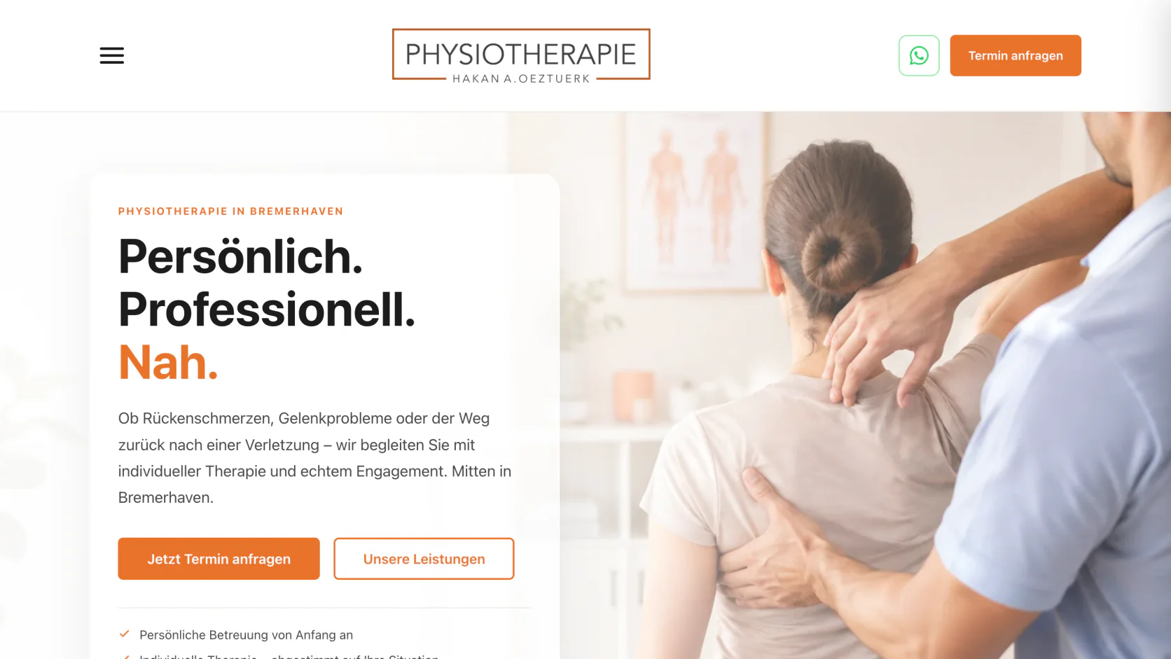 Startseite der Physiotherapiepraxis Website